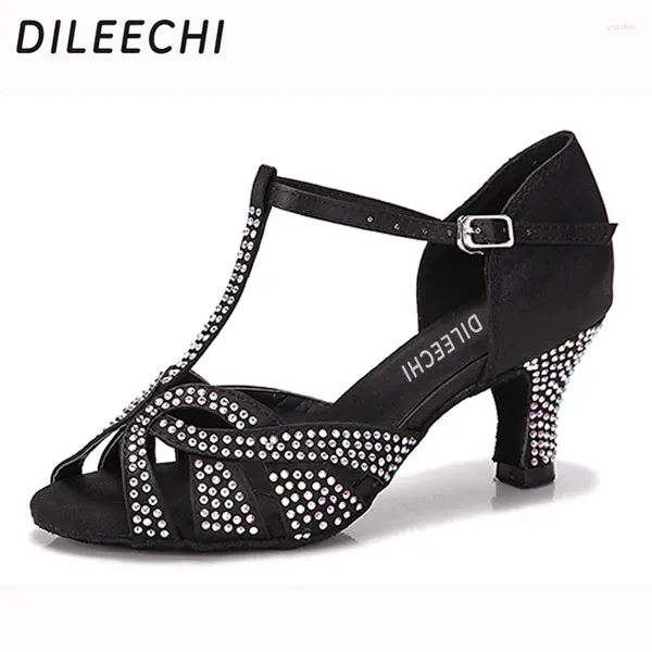 Sapatos de dança Dileechi Latin Satin Diamonds Sandals Sandals Square de dança Moderna Black Heel 6cm