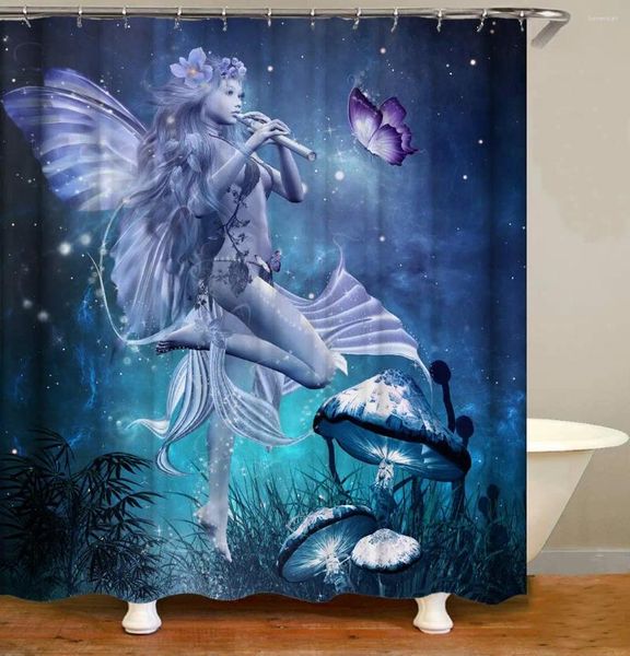 Cortinas de chuveiro anjo sexy tocando flauta fantasia estrelada céu cogumelo noturno cenário de tecido azul banheiro