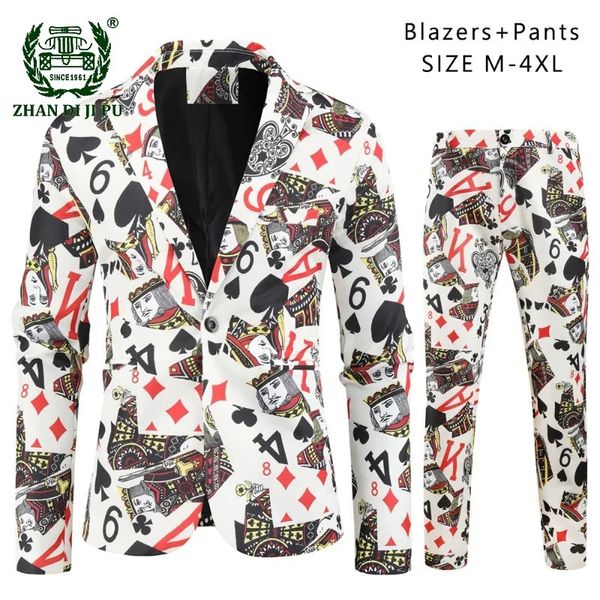 2PCs Playing Cards Poker Print Suits for Men Blazer Jacket Korean Fashion Party Fostume Fantas Sets Ponts Mens Blazer Verde Hombre 240401