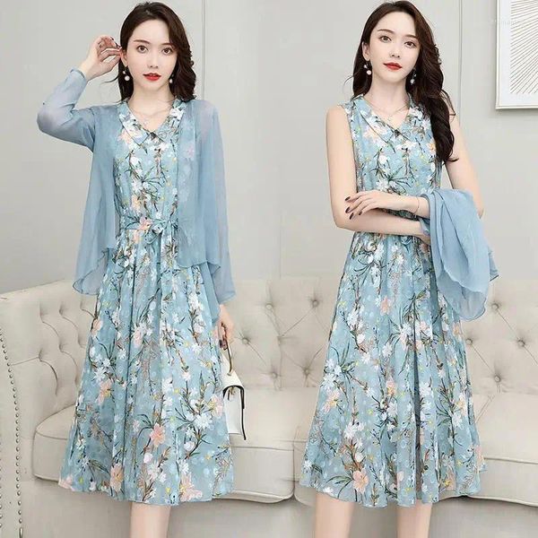 Vestidos de trabalho Conjuntos de vestidos de moda SetsFemale Summer coreano High Caist Floral Print A-line Suits chiffon 2 peças terno feminino outifits q31