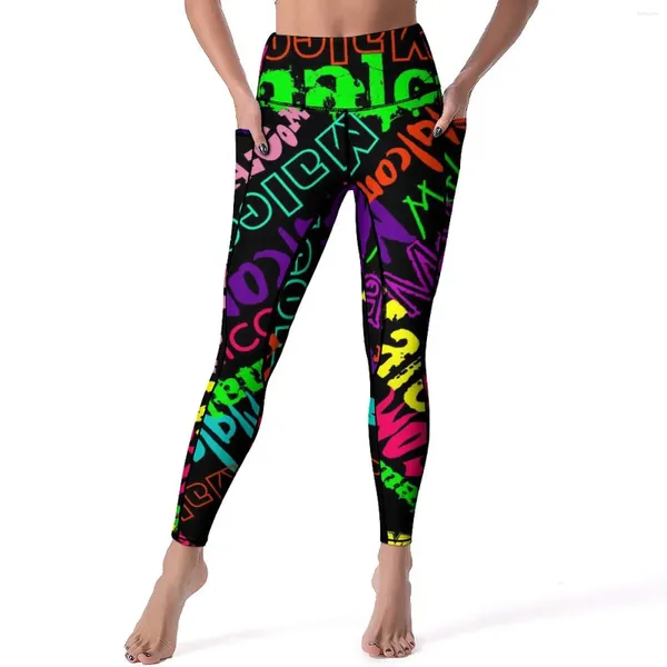 Aktive Hosen Buntes Wort Graffiti Yoga Frauen Buchstaben Druck Leggings hohe Taille Vintage Legging Dehnbar Grafik -Fitnessstudio -Sportstrumpfhosen