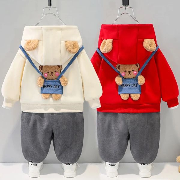 Animais outono e inverno Novo 04yearold bebê fofo desenho animado terno de urso meninos e meninas suéter de pelúcia TwooPiece Children's Sportswear