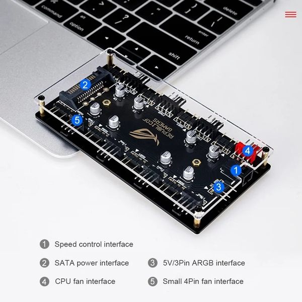 RGB -Lüfter PWM Hub, RGB Control+PWM Temp.Geschwindigkeit einstellbar 2 in 1, 12V 4Pin /5V 3Pin+ kleiner 4Pin -Controller, M /B -Synchronisierung