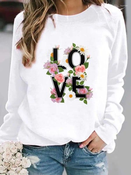 Hoodies femininos adoram o estilo de flor da moda de moda de pescoço o decora de pullover outono de inverno roupas de primavera impressa feminino lã de lã de lã gráfica