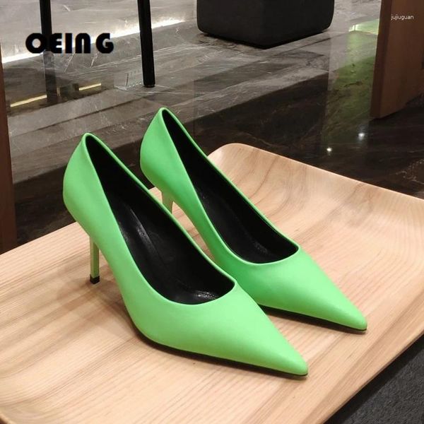 Отсуть обувь Spring Women Neon Green кожаные насосы дамы сексуальные заостренные пальцы тонкие высокие каблуки 2024 Женская модная вечеринка свадьба 41