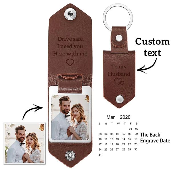 Ringe Lederschlüsselkettenfoto UV -Farbdruck Benutzerdefinierte Schlüsselbund Personalisierte Text Gravured Kalender Datum Customized Schmuck Edelstahl