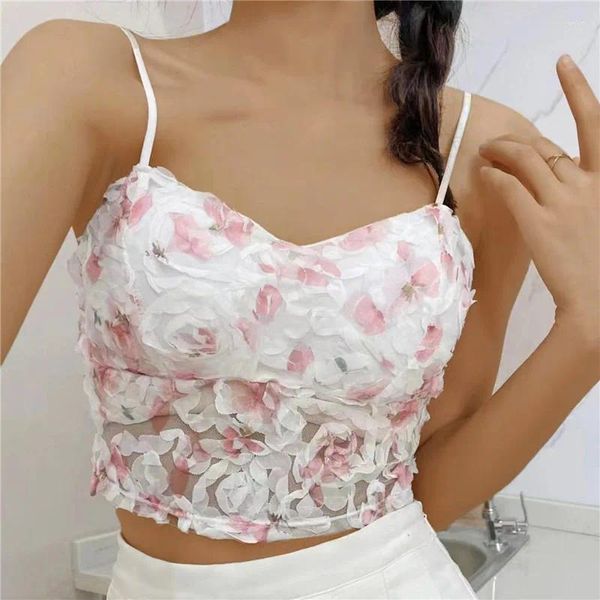 Serbatoi di camisoles 2024 Summer Lace Crop Top Women Rose Floral Mesh Tubo Beauty Back Backless Cami con cuscinetti per il petto Sexy Sweet Tank