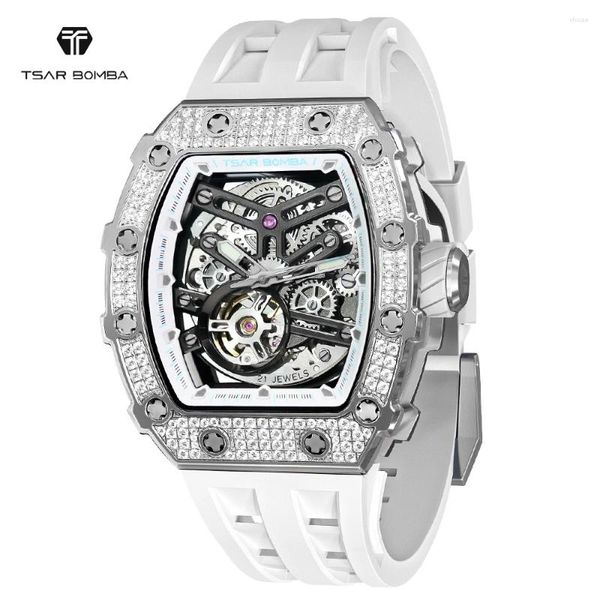 Avanadores de pulso bomba bomba diamante masculino automático assistir mecânica de luxo para homens safira whitewatch watch relógio de esqueleto à prova d'água