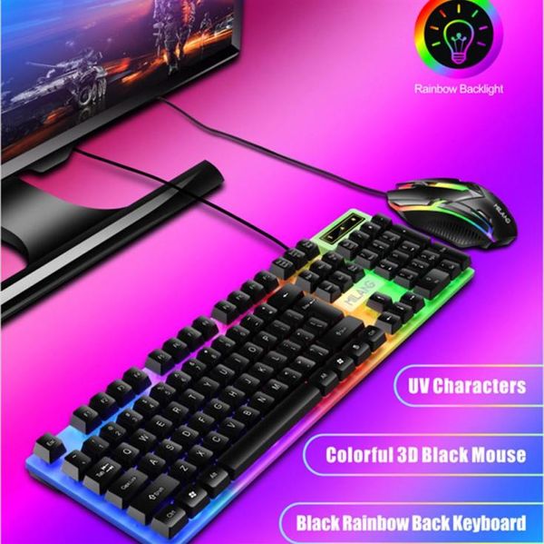 Conjunto de teclado com fio com fio USB Conjunto de mouse arco -íris Backlight 104 Keys 1000 DPI Teclados mecânicos Jogos para laptop Epacket1868504617