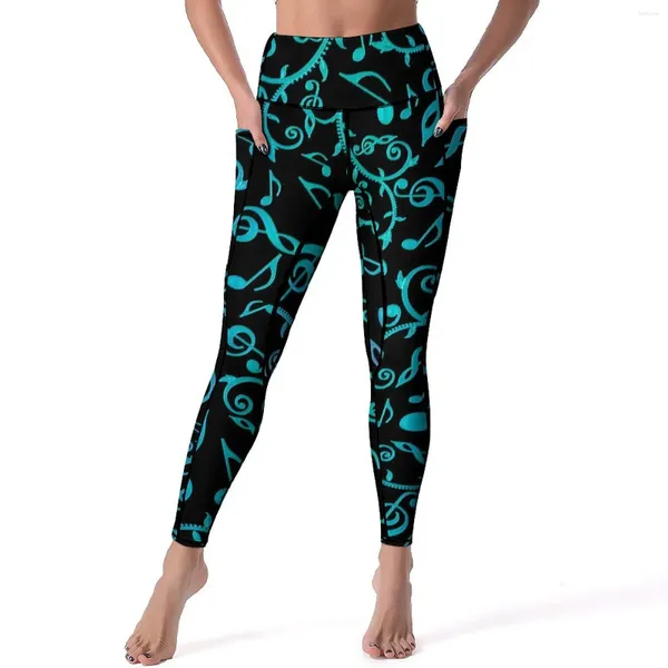 Calça ativa gradiente de música notas ioga feminina azul verde leggings rox