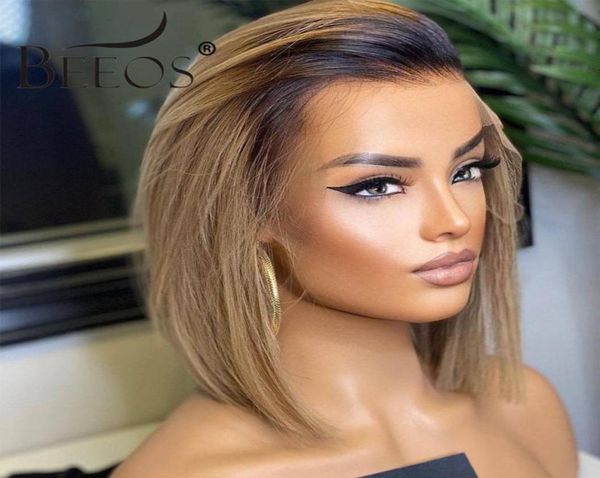 Beeos 180 134 Tiefes Teil Spitzenfront menschliches Haar Perücken gerade Bob Short Ombre Ash Blonde Haare vorgezogener brasilianischer Remy Hair4737068