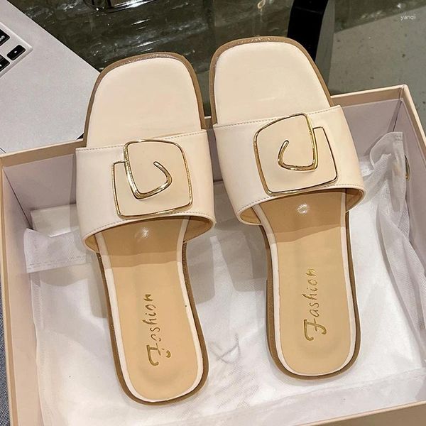 Hausschuhe Sommer für Frauen 2024 Korean Square Toe Design Ladies Slides Sandalen flache Outdoor -Schuhe Pantufflas elegant