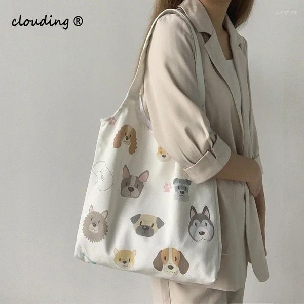 Bag Cartoon Hundedruck Ladies Leinwand Feste Farbe Großkapazität Handtasche süßes süßes retro koreanisches Ulzzang-Tuch für