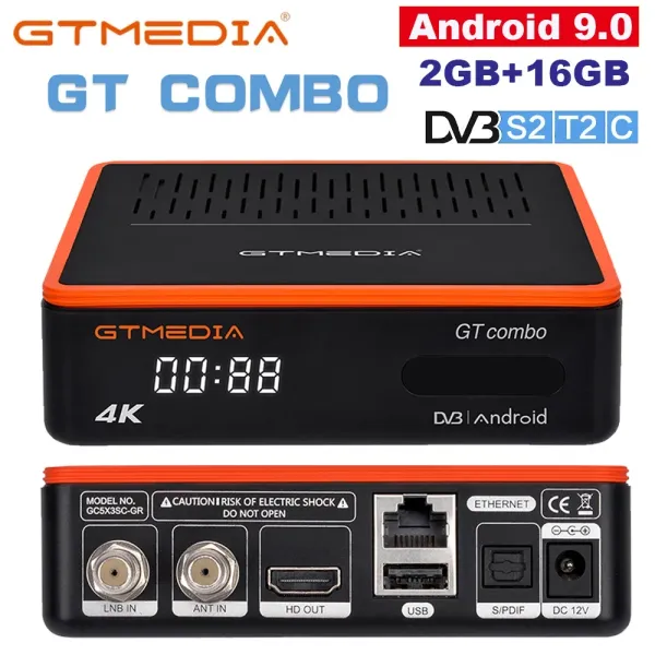 Box Gtmedia GT Combo 4K 8K HD TV Box Android 9.0+DVBS2X/T2/C 2GB+16GB M3U Спутниковое телевизионное декодер/Google Smart Set Top Box