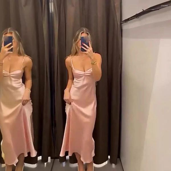 Lässige Kleider Frauen Satin sexy Kleid quadratische Nacken Spaghetti -Gurt Kleidung ärmellose niedrig geschnittene Rückenfreie Wrap Long Long