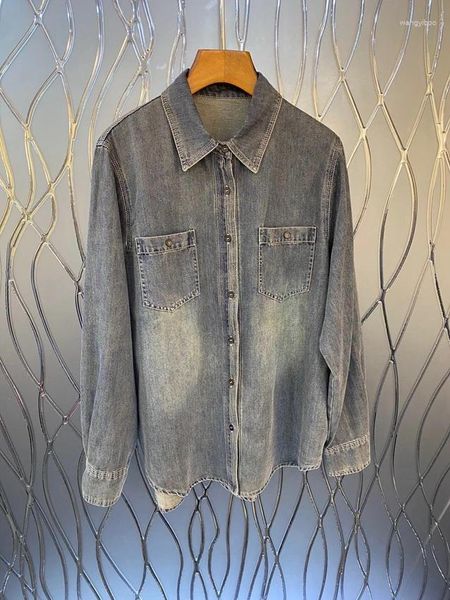 Frauenblusen 2024 Frauen Mode Langarm sexy lässige Tasche Einfacher vorderer kurzer Rücken -Denim -Top -Shirt 0302