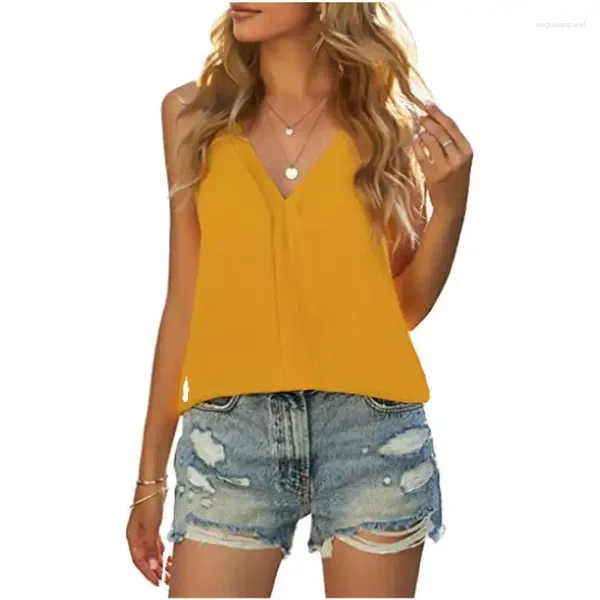 Serbatoi femminili 2024 Summer Sleeveless Ladies Tops canotte esterne Abbigliamento a V-scollo a V Top Female Solid Chiffon Blouse