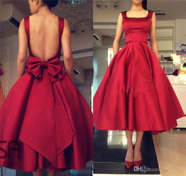 Vestidos de saia de saia para casas de saia vermelha barata 2019 vestidos de noite sem costas vestidos de coquetel comprimento de chá com grande arco de volta 2408539