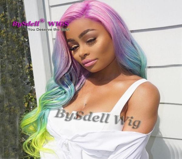 American Black Woman Celebridade Black Chyna ombre Harajuku Rainbow Color Wig Wavy Wavy resistente ao calor perucas para mulheres negras2007364