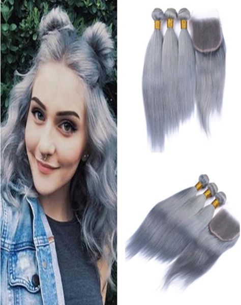 Nuovo arrivo Chiusura in pizzo grigio a colori puri con fasci di bundle grigi dritti pacchi di capelli brasiliani vergine remy capelli umani capelli grigi argento 9097186