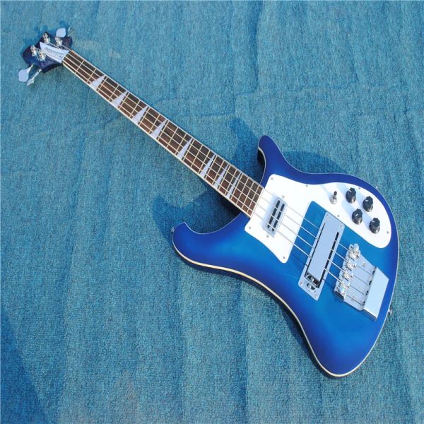 Gitarre chinesische OEM -Fabrik Rickeck 4003 Blue Electric Bass Gitarre, Doppelausgang, echtes Stockbild, sofortige Versand