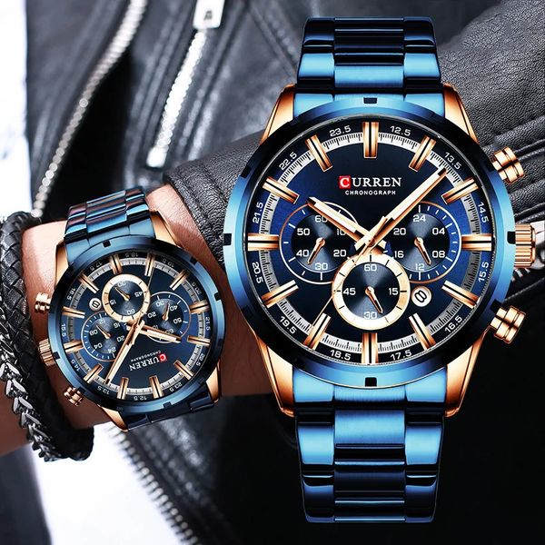 Curren Herren Uhr Blaues Zifferblatt Edelstahl Band Date Herren Business Male Uhren wasserdichte Luxus -Armbanduhren für Männer 240414
