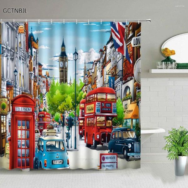 Duschvorhänge London Street Vorhang Retroölmalerei Europäische Stadt Landschaft Rote Bus Badezimmer Polyester Stoff Produkt