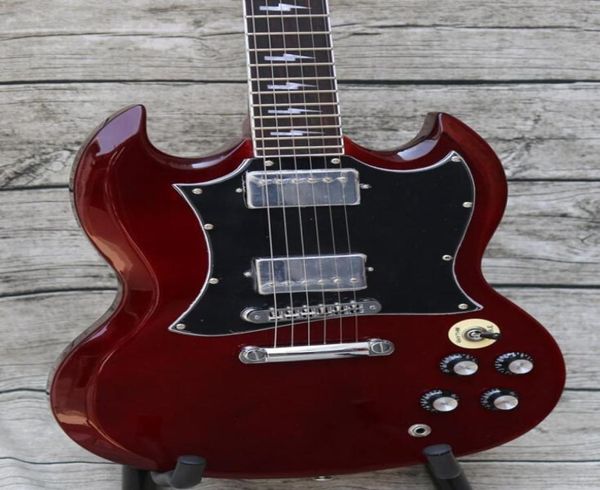 ACDC Angus Young Signature Koyu Şarap Kırmızı SG Elektrikli Gitar Küçük Pim Tonu Pro Lightning Cıvata Kakaları İmza kafes RO6621493