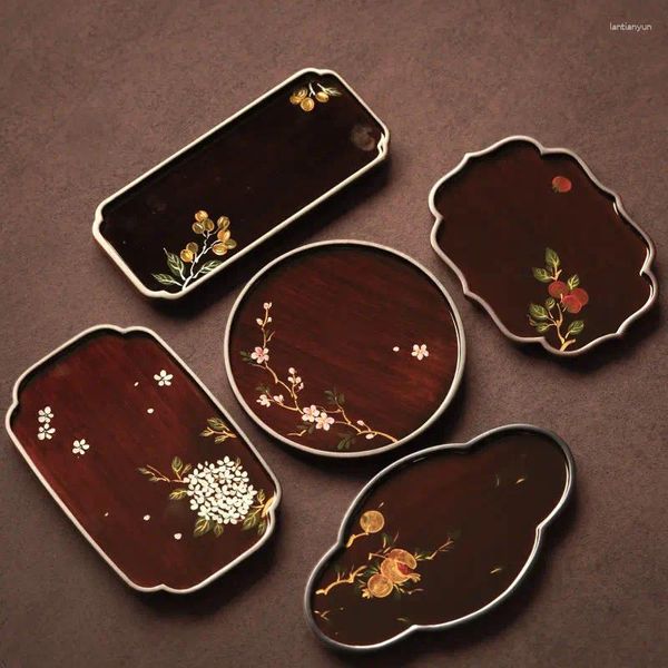 Tee Tabletts Vintage Hand gezogene Tablett chinesische Stil Tisch Desktop Bambus Set Aufbewahrung dekorative Blumen Verzierungen