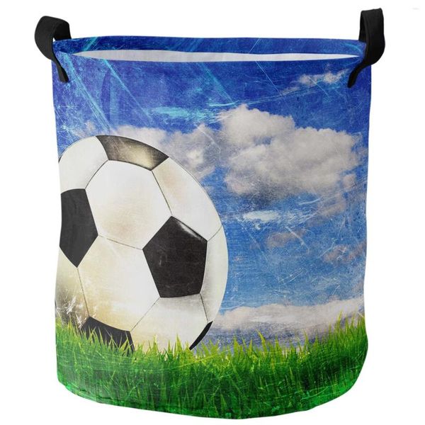 Çamaşır çantaları futbol gökyüzü bulutları çim futbol katlanabilir sepet büyük kapasiteli su geçirmez kıyafetler depolama organizatör çocuk oyuncak çanta