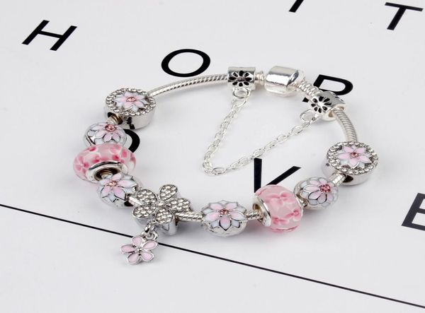 925 STERLING SLATER PINK MURANO GLASS BEADS CHARM CHARRER BLOSSOM BRACELETA Corrente de pulseira FIT P Jóias de pulseira européia Fazendo pulseira Diy Daisy Women9280771