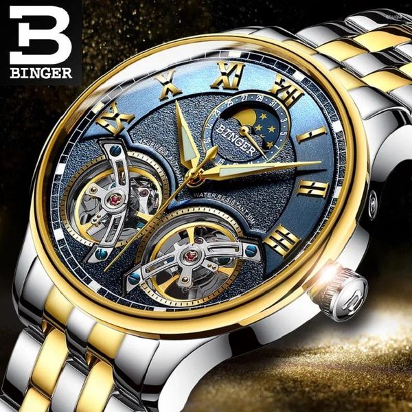 Нарученные часы Binger for Mens Watch Double Skeletton Muyteel Автоматические наручные часы Мужские механические даты.