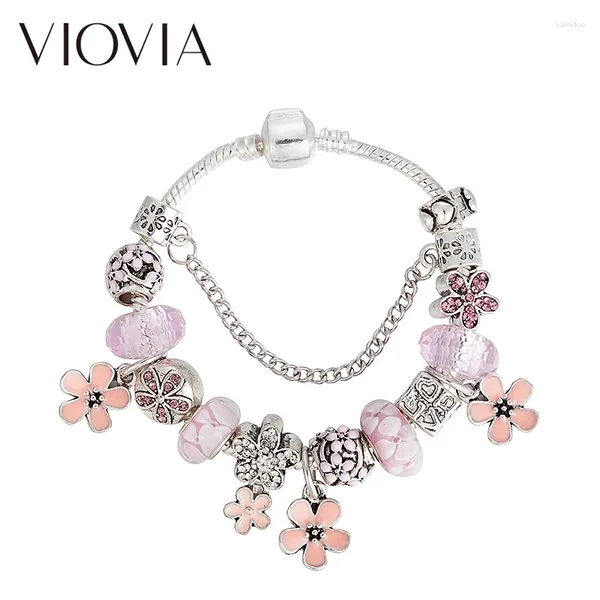 Charm Bracelets Viovia Pink Blume für Frauen Kid Murano Perlen schöne Marke Bangles Schmuck Geschenke B17155