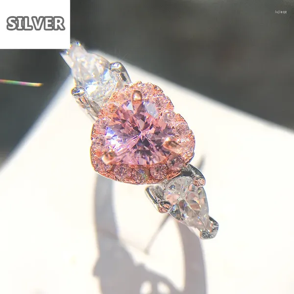Anelli a grappolo 925 Matrimonio d'argento per donne Pink Heart Cubic Zirconia Ring Diamond Gioielli da sposa