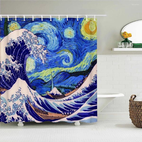 Tende per doccia classiche creatività onde spray tende da bagno in tessuto impermeabile in stile giapponese schermo vano da bagno con ganci