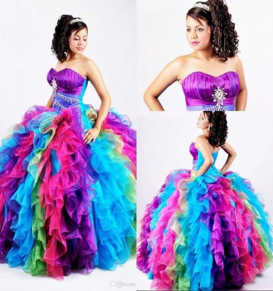 Ballkleid Regenbogen Quinceanera Kleider geschwollener Organza Bling Crystal Pailletten Süß 16 Kleid Festzug Prinzessin Korsett Prom Kleid5663468