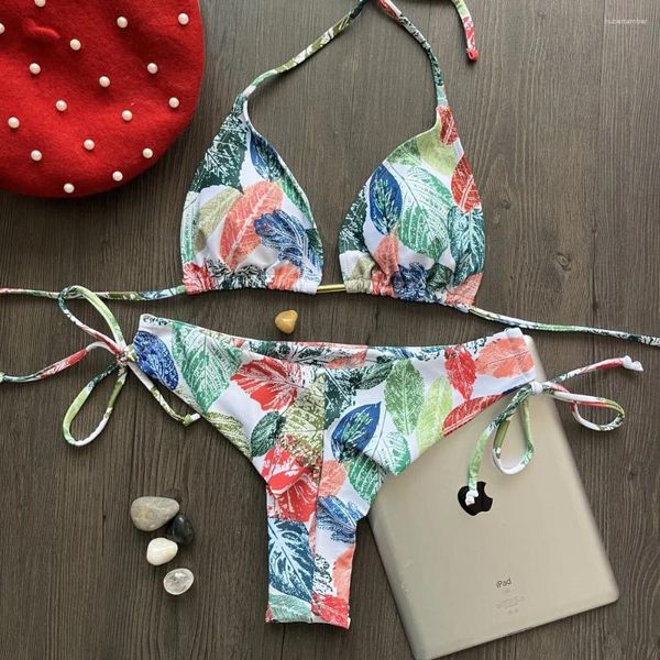 Женские купальные костюмы Y2K Print Bikini Leaf Triangle Треугольник сексуальный погрузчик в нить без спинка Thong 2-часовые женские тропические пляжные купальные костюмы