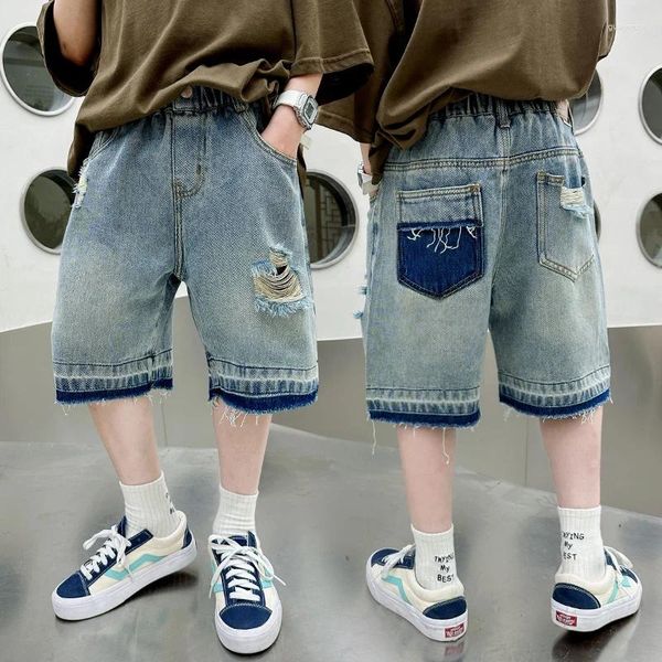 Pantaloni 4 6 8 10 12 14 Teen Boys Denim Shorts Summer Spodnie Kids Hole Jeans Capris Lunghezza per bambini Pantaloni casual Jean Enfant Garcon