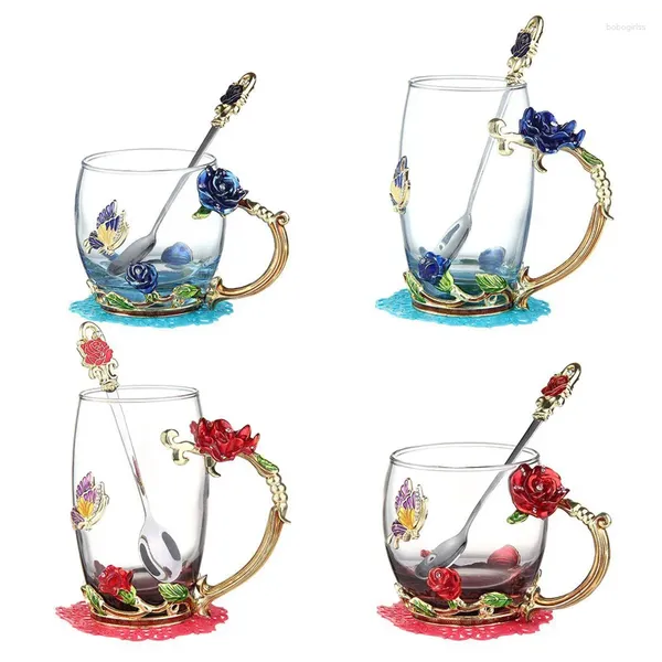 Becher Rose Emaille Kristall Tee Kaffee Kaffee Becher Schmetterling bemalt Blumenwasser Tassen klares Glas mit Löffel Set perfektes Geschenk