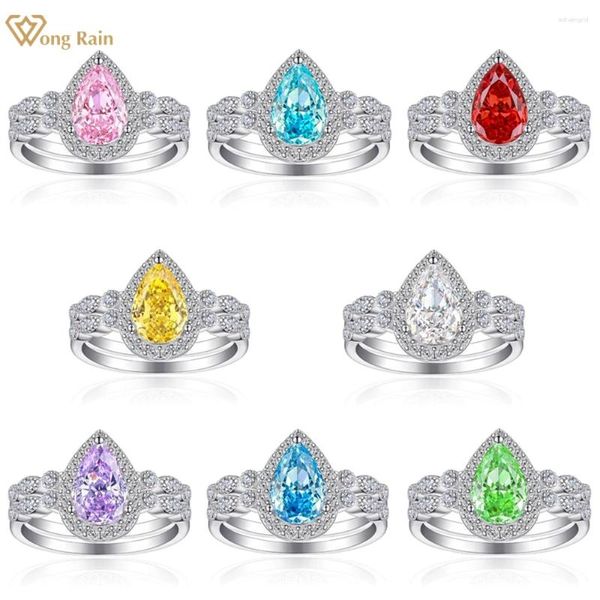 Кластерные кольца Wong Rain 925 Стерлинговое серебро 1,5CT грушевое лаборатории сапфир с высоким углеродным бриллиантом кольцо для женщин для женщин свадебные подарки