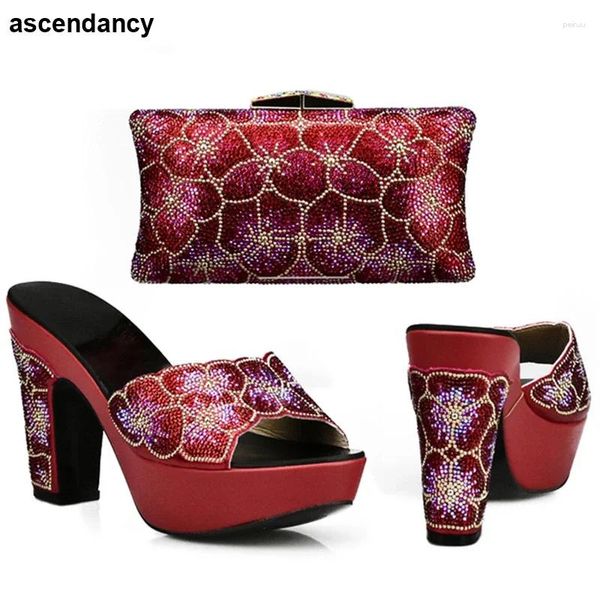 Sapatos de vestido Design Italian and Bag Conjunto decorado com shinestone Nigeria Matching Bacs Wedges for Women