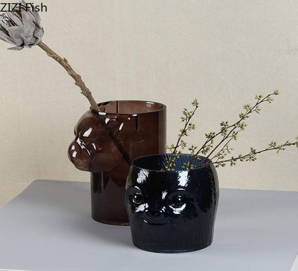 Vasos de vidro transparente lontra urso de cabeça estátua de mesa decoração de mesa ornamentos de flores inserir vaso de vidro pintado de decoração home modern1911934