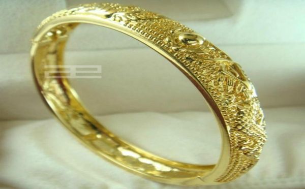 24ct giallo oro pieno gf intaglio cinese intaglio intagliato braccialetto aperto 10mm larghezza della fascia larghezza 58 mm diametro G997577278