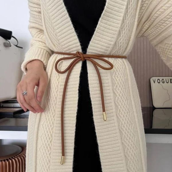 Gürtel Leder runder dünner Gürtel für Frauen Rock Pullover Mantel Dekoratives Taillenband Nicht-Loch-Knotenteil Festfarbgurt