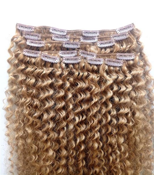 22inch Brasilianische menschliche Jungfrau Remy Kinky Curly Hair Scheuchende natürliche Webwebe dunkelblonde hellbraun 270 Doppelgezogener Clip in Extensi22074846