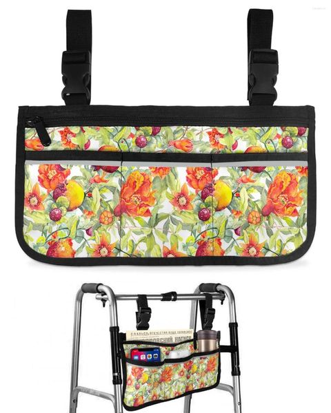 Bolsas de armazenamento Bolsa de cadeira de rodas de aquarela de romã de frutas de verão com bolsos Bolsa de moldura de scooter elétrica lateral do braço