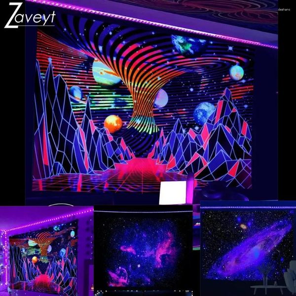 Wandteppiche Blacklight Wandteppich UV Light Reactive Mountain Universe Planet Neonwand Hanging Schlafzimmer