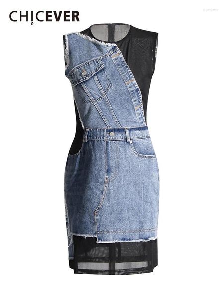 Abiti casual Chicever Slock Slock per le donne Numping Round Weeveless High Wiist Spliced Denim Summer Bodycon Mini Dress Femmina