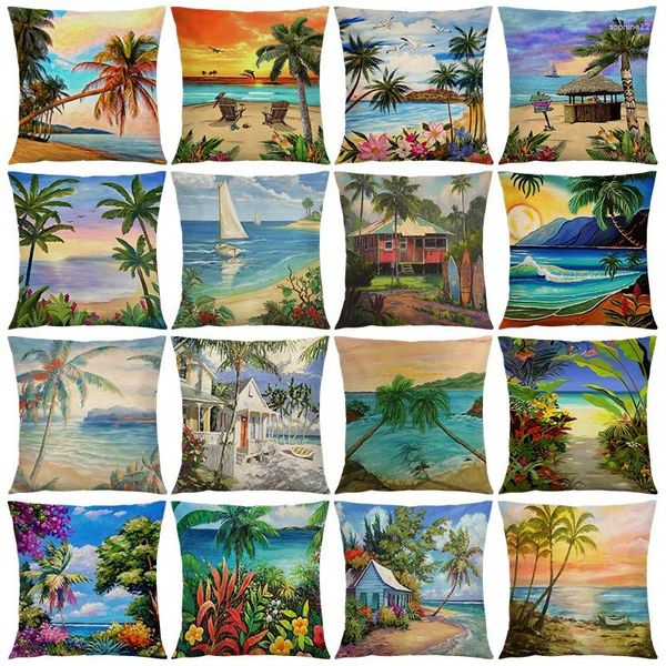 Travesseiro 45x45cm Fashion Summer praia de praia de praia de praia vintage linho curto sofá quadrado capa de decoração de casa capa