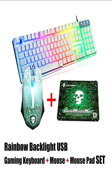 LED Luz de fundo Rainbow Backlight USB ERGONONOMIC WIRED TECLADOR GAMING KIT 2400DPI MOUSE MOUSE PAD para PC Laptop Computer Gamer New6649598